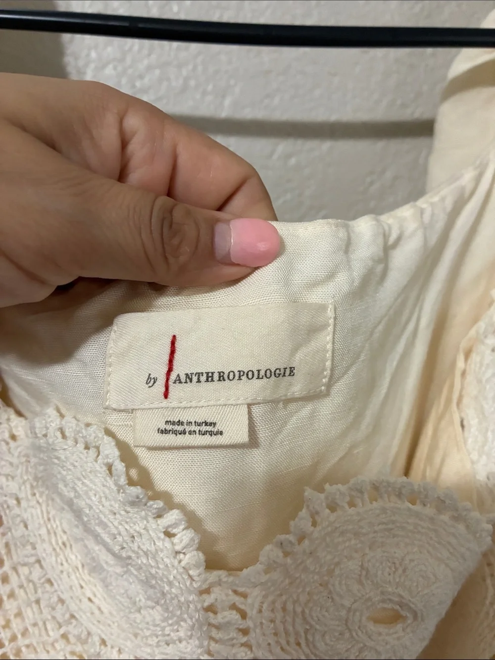Anthropologie Cream Crochet Yoke Puff Sleeve Top